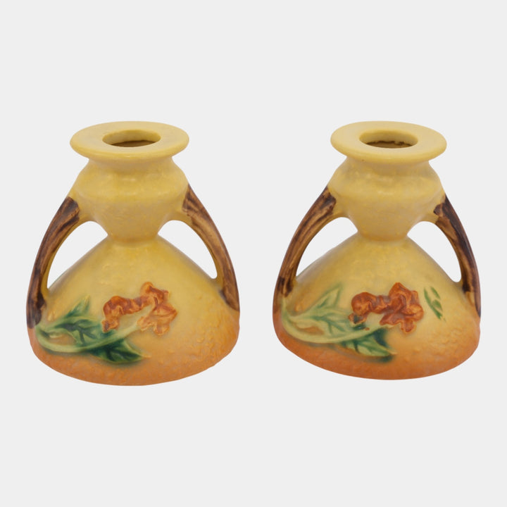 Roseville Bittersweet Yellow 1951 Vintage Art Pottery Candle Holders 851-3 - Just Art Pottery