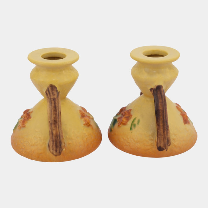 Roseville Bittersweet Yellow 1951 Vintage Art Pottery Candle Holders 851-3 - Just Art Pottery