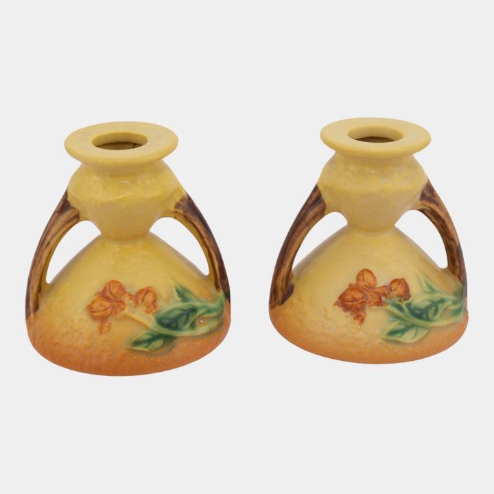 Roseville Bittersweet Yellow 1951 Vintage Art Pottery Candle Holders 851-3 - Just Art Pottery