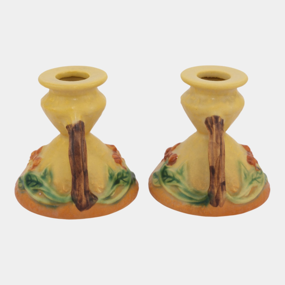 Roseville Bittersweet Yellow 1951 Vintage Art Pottery Candle Holders 851-3 - Just Art Pottery