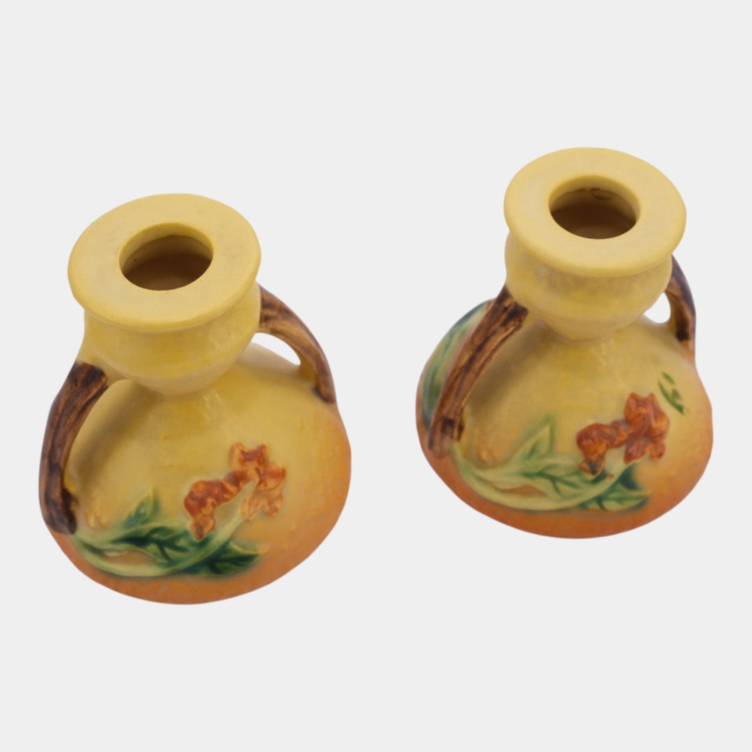 Roseville Bittersweet Yellow 1951 Vintage Art Pottery Candle Holders 851-3 - Just Art Pottery