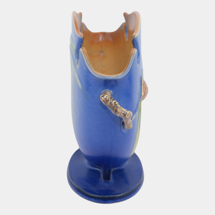 Roseville Pine Cone Blue 1936 Vintage Art Pottery Ceramic Pillow Vase 845-8 - Just Art Pottery