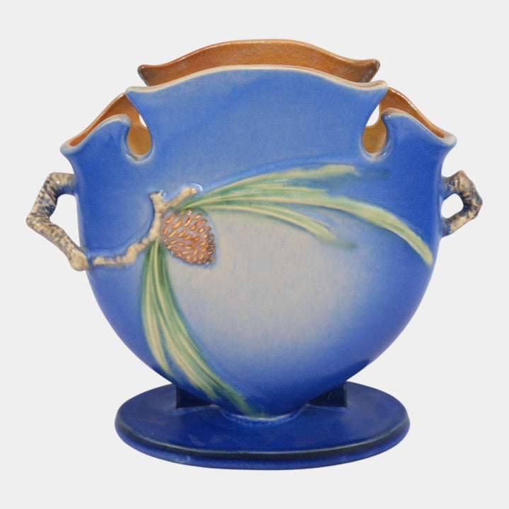 Roseville Pine Cone Blue 1936 Vintage Art Pottery Ceramic Pillow Vase 845-8 - Just Art Pottery