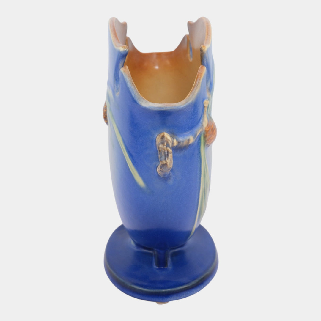 Roseville Pine Cone Blue 1936 Vintage Art Pottery Ceramic Pillow Vase 845-8 - Just Art Pottery