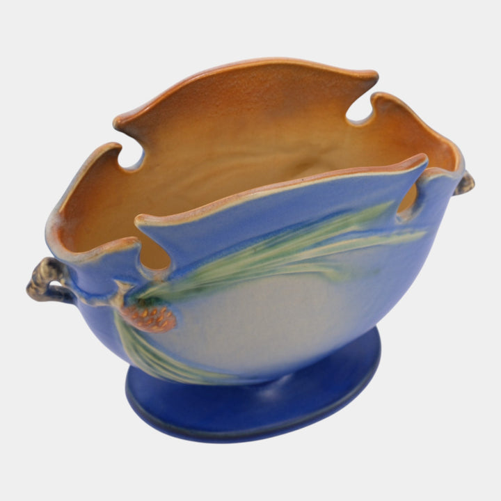 Roseville Pine Cone Blue 1936 Vintage Art Pottery Ceramic Pillow Vase 845-8 - Just Art Pottery