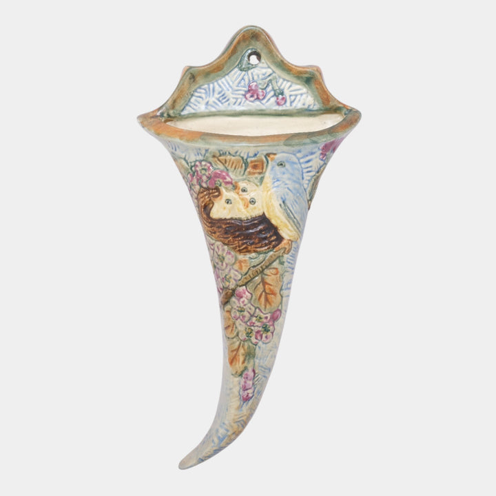 Weller Glendale 1920s Vintage Blue Art Pottery Birds and Nest Wall Pocket