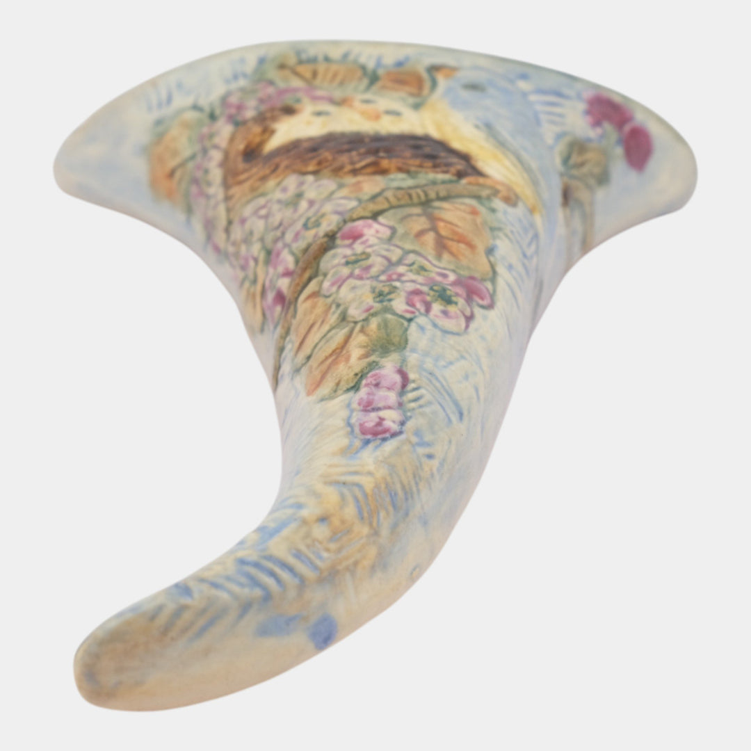 Weller Glendale 1920s Vintage Blue Art Pottery Birds and Nest Wall Pocket - Just Art Pottery