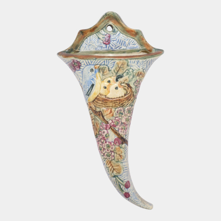 Weller Glendale 1920s Vintage Blue Art Pottery Birds and Nest Wall Pocket