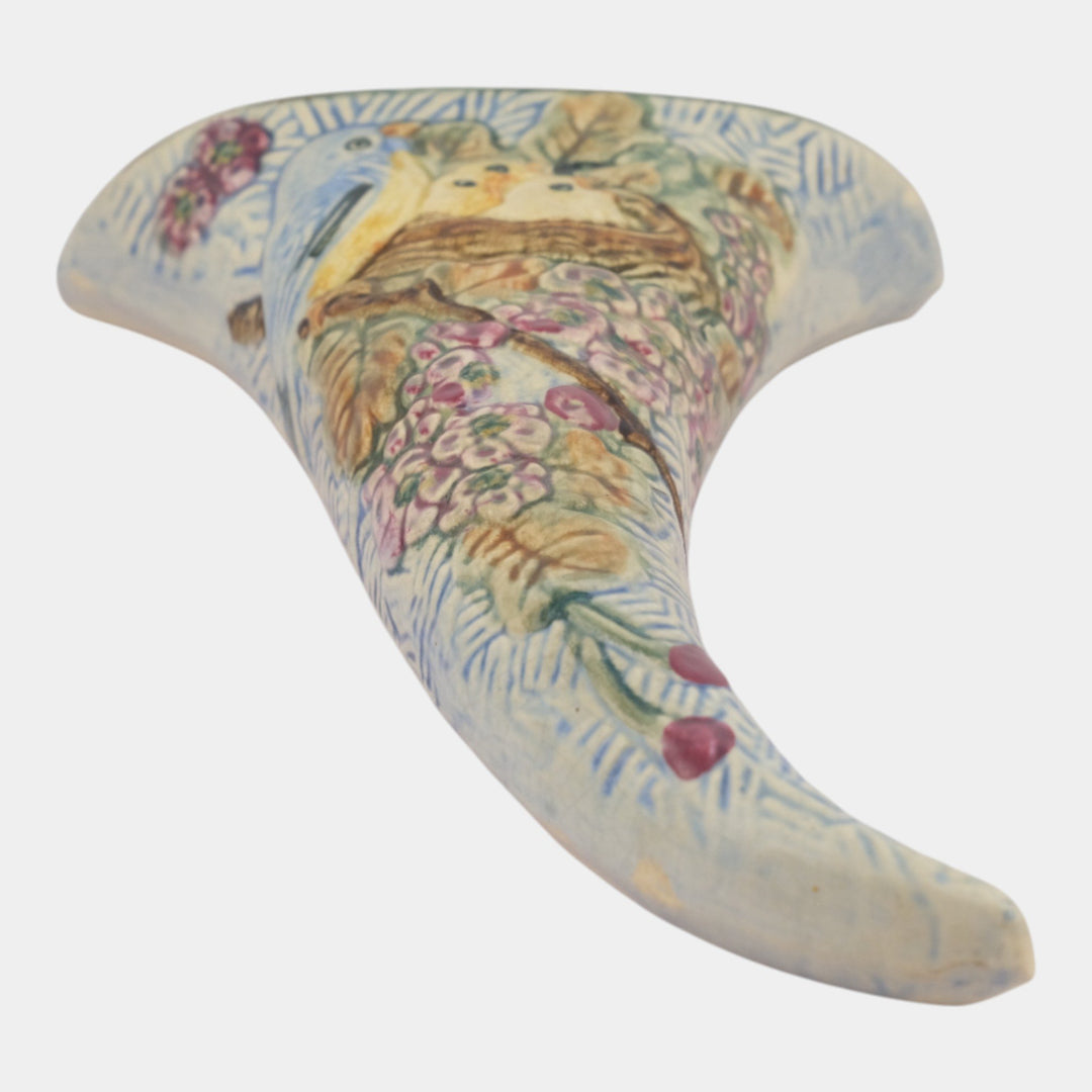 Weller Glendale 1920s Vintage Blue Art Pottery Birds and Nest Wall Pocket