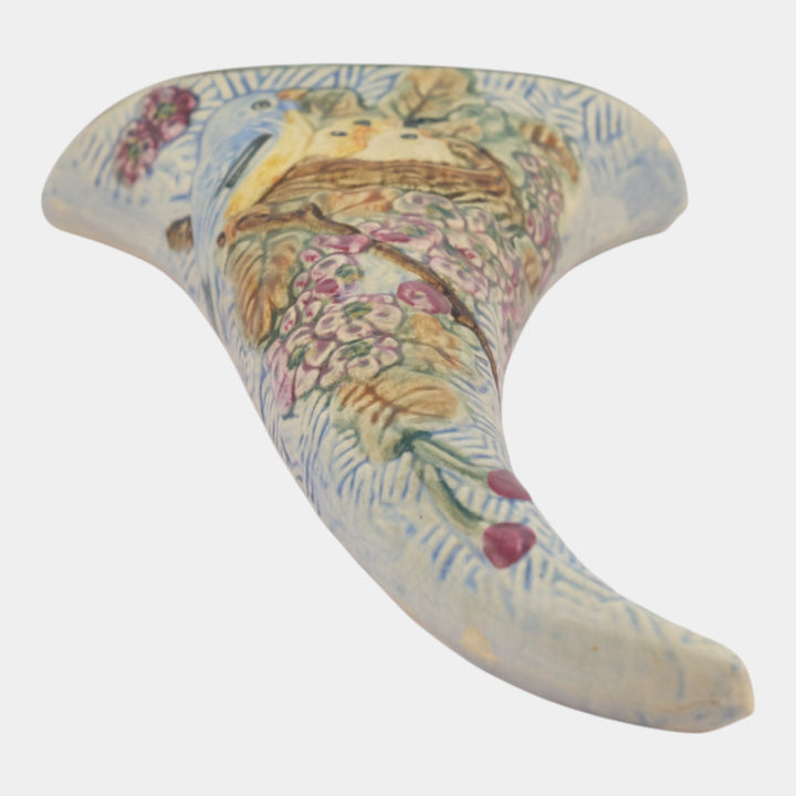 Weller Glendale 1920s Vintage Blue Art Pottery Birds and Nest Wall Pocket