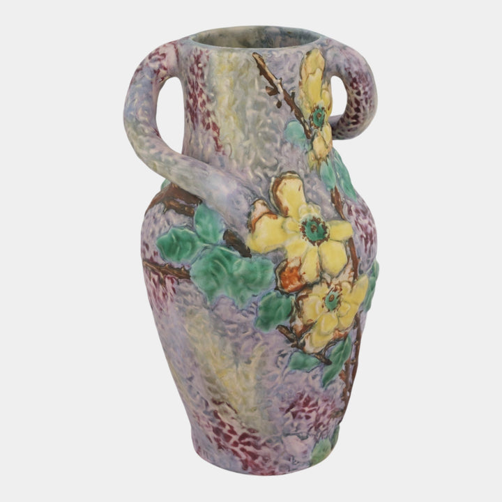 Weller Silvertone 1920s Vintage Art Pottery Yellow Floral Handled Ceramic Vase - Just Art Pottery