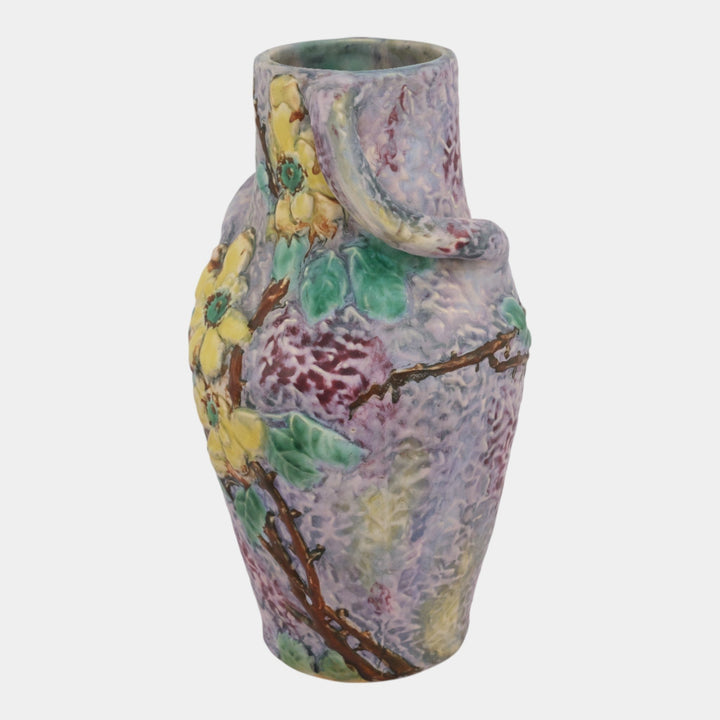 Weller Silvertone 1920s Vintage Art Pottery Yellow Floral Handled Ceramic Vase - Just Art Pottery