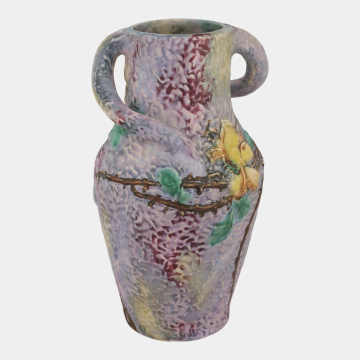 Weller Silvertone 1920s Vintage Art Pottery Yellow Floral Handled Ceramic Vase - Just Art Pottery