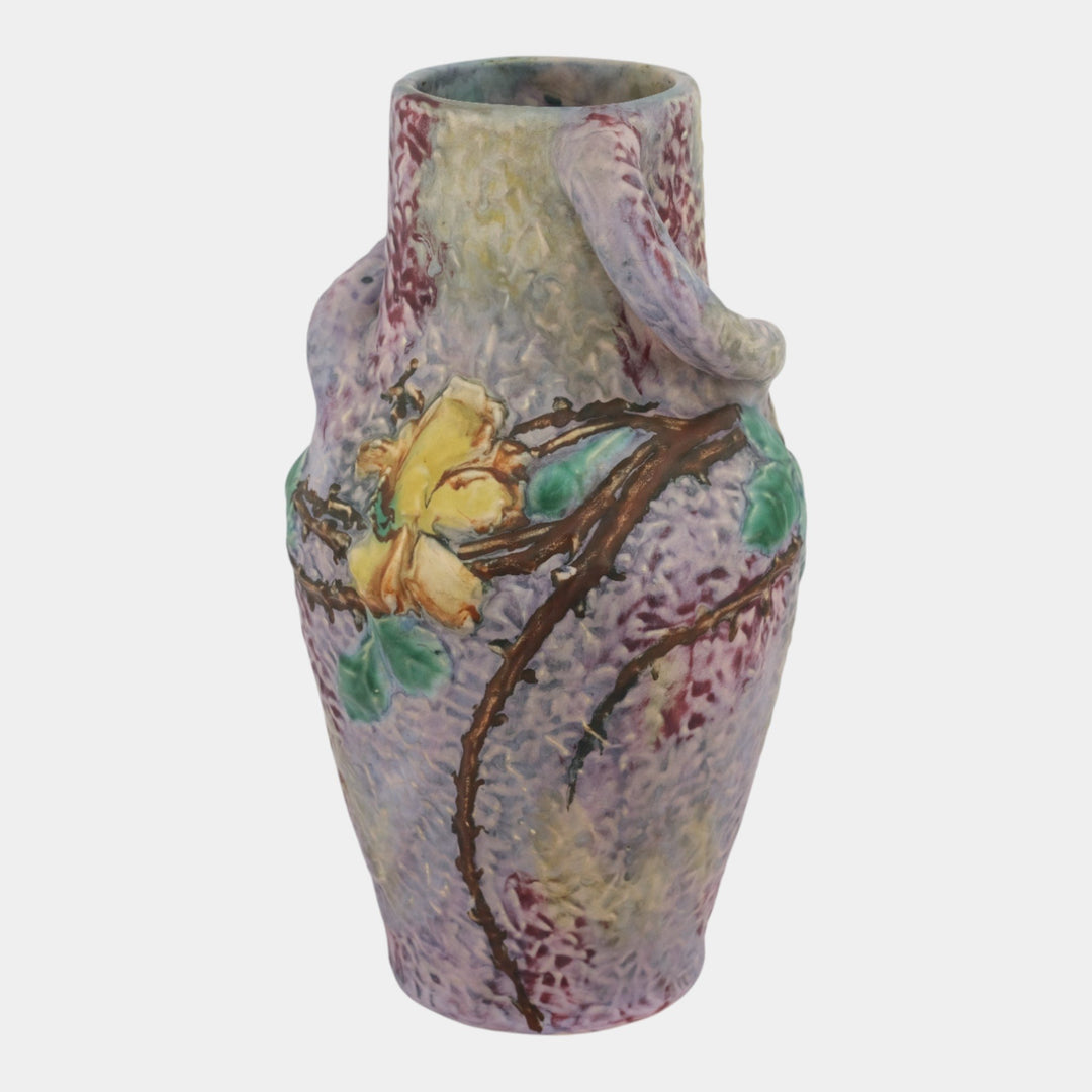 Weller Silvertone 1920s Vintage Art Pottery Yellow Floral Handled Ceramic Vase - Just Art Pottery