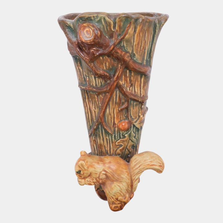 Weller Woodcraft 1920s Vintage Art Pottery Brown Squirrel Figural Wall Pocket - Just Art Pottery