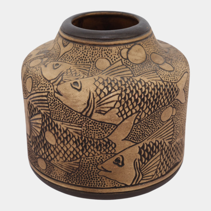 Weller Burntwood 1910s Vintage Art Pottery Tan Brown Fish Ceramic Flower Vase