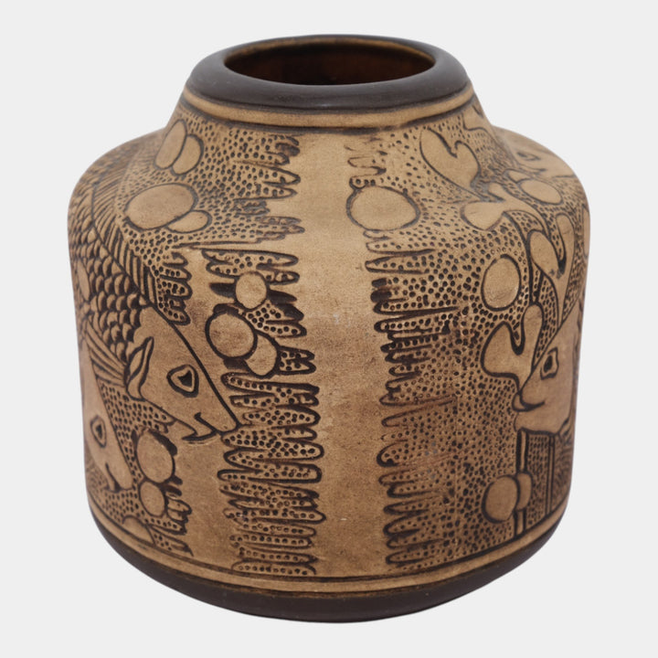 Weller Burntwood 1910s Vintage Art Pottery Tan Brown Fish Ceramic Flower Vase