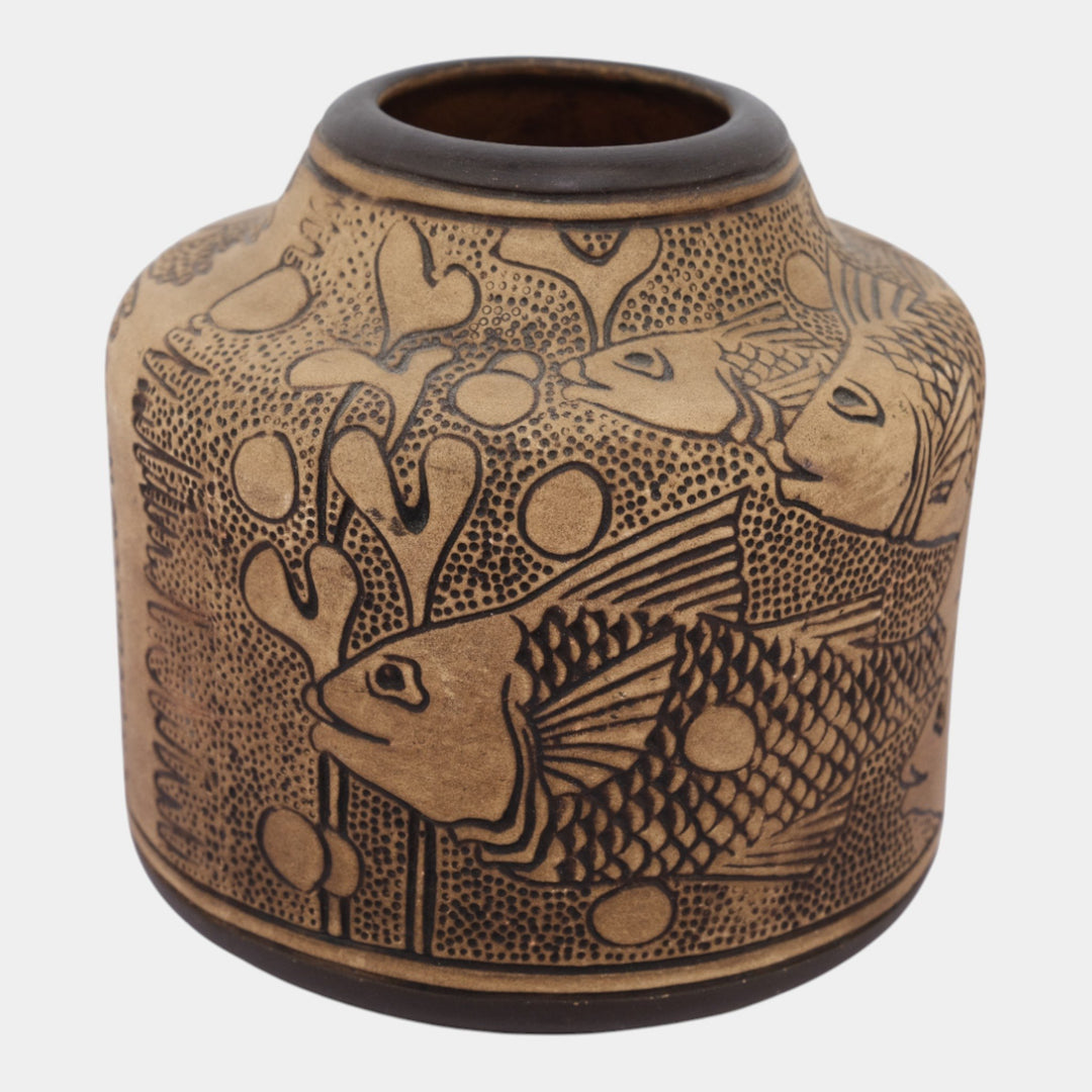 Weller Burntwood 1910s Vintage Art Pottery Tan Brown Fish Ceramic Flower Vase