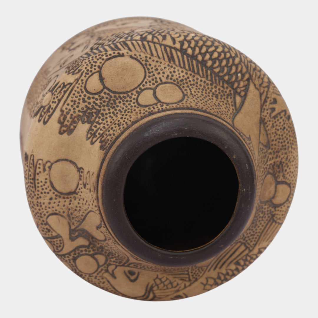 Weller Burntwood 1910s Vintage Art Pottery Tan Brown Fish Ceramic Flower Vase