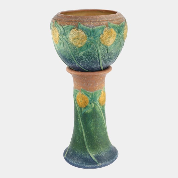Roseville Sunflower 1930 Art Pottery Jardiniere And Pedestal 619-10 - Just Art Pottery