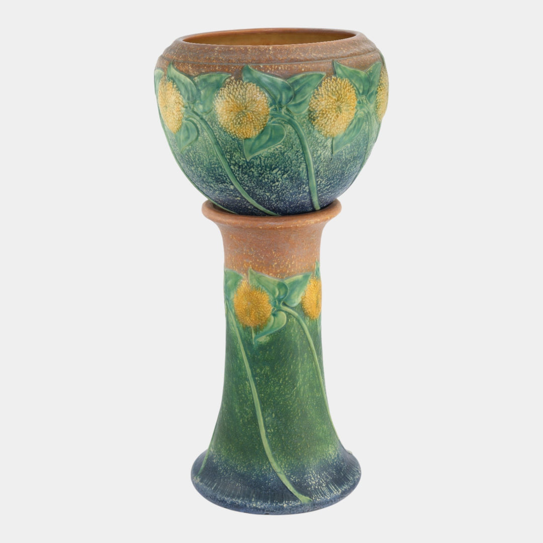 Roseville Sunflower 1930 Art Pottery Jardiniere And Pedestal 619-10 - Just Art Pottery