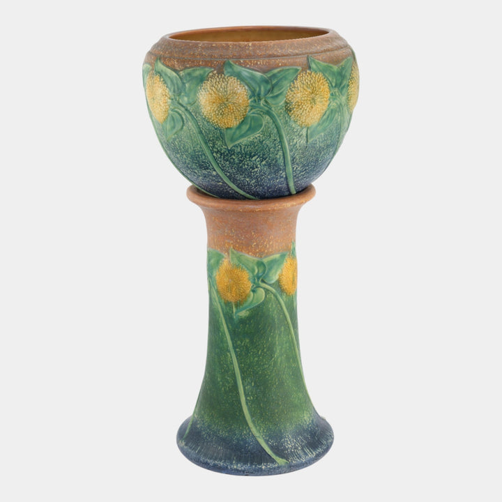Roseville Sunflower 1930 Art Pottery Jardiniere And Pedestal 619-10 - Just Art Pottery