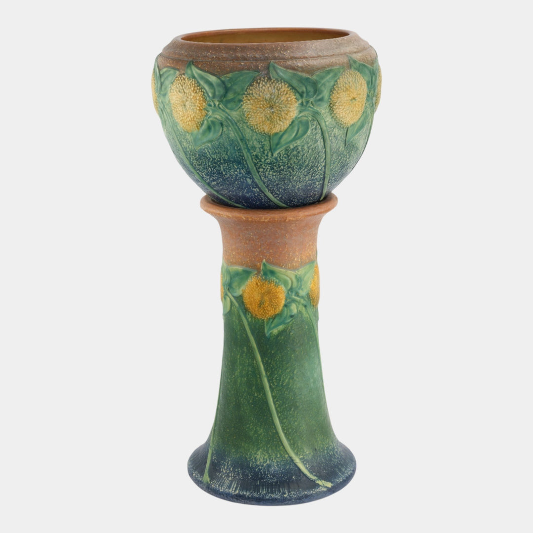 Roseville Sunflower 1930 Art Pottery Jardiniere And Pedestal 619-10 - Just Art Pottery