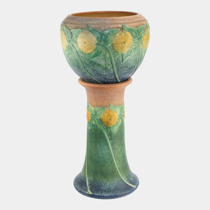 Roseville Sunflower 1930 Art Pottery Jardiniere And Pedestal 619-10 - Just Art Pottery