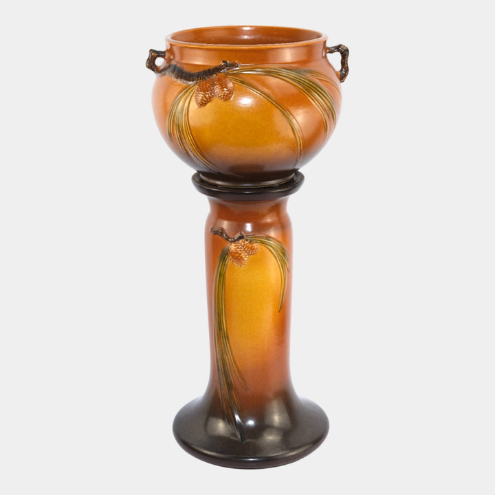 Roseville Pine Cone Brown 1953 Art Pottery Ceramic Jardiniere And Pedestal 402-8 - Just Art Pottery