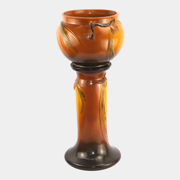 Roseville Pine Cone Brown 1953 Art Pottery Ceramic Jardiniere And Pedestal 402-8 - Just Art Pottery