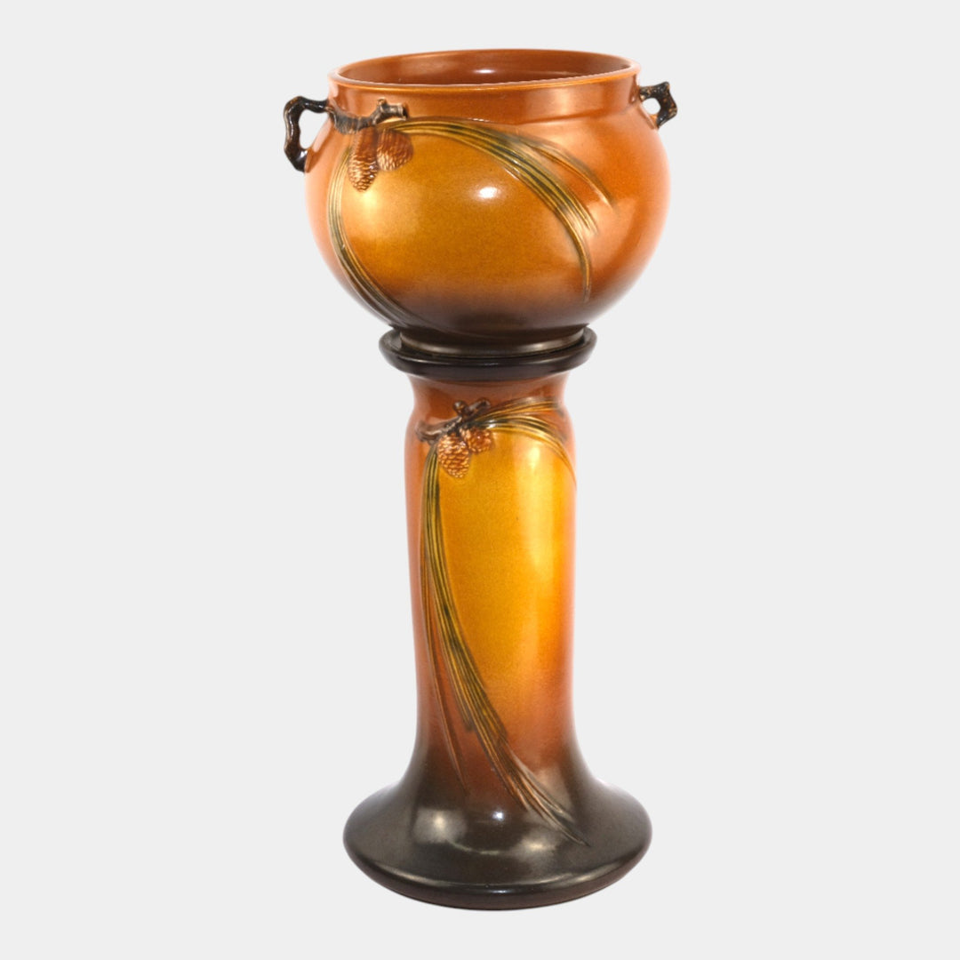 Roseville Pine Cone Brown 1953 Art Pottery Ceramic Jardiniere And Pedestal 402-8 - Just Art Pottery