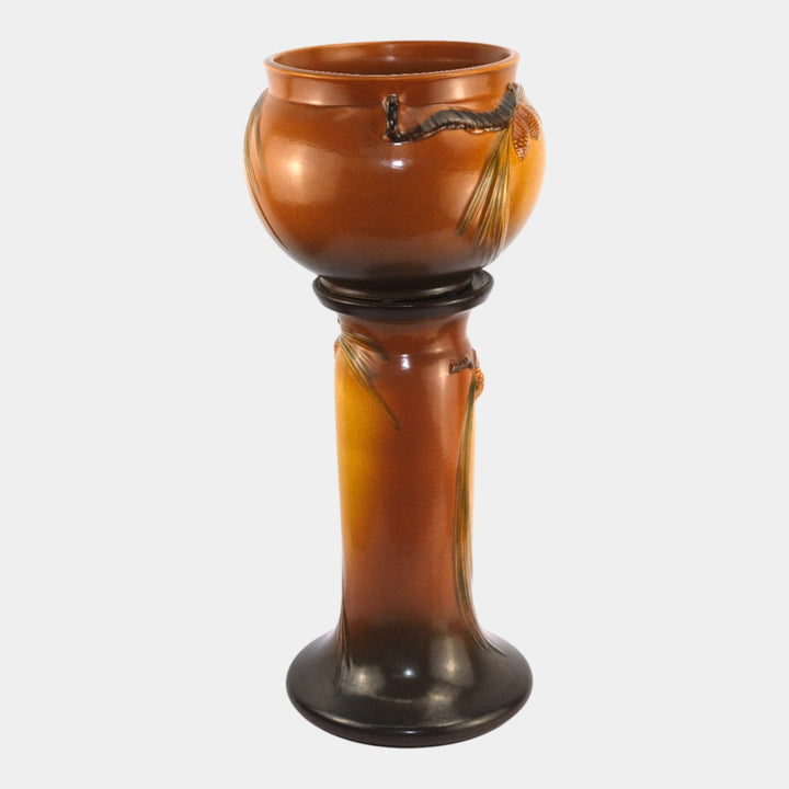 Roseville Pine Cone Brown 1953 Art Pottery Ceramic Jardiniere And Pedestal 402-8 - Just Art Pottery