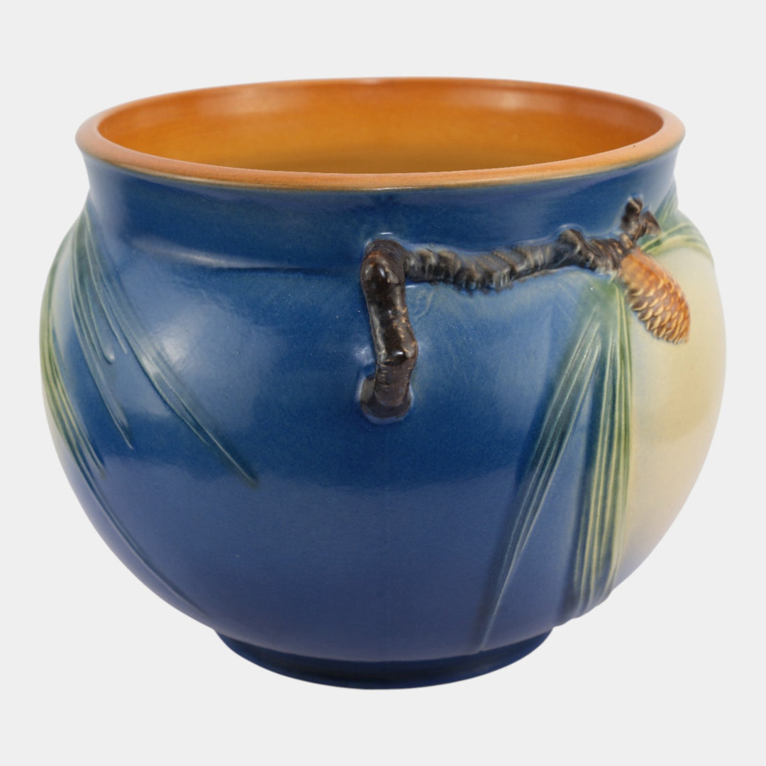 Roseville Pine Cone Blue 1953 Vintage Art Pottery Handled Jardiniere 403-10
