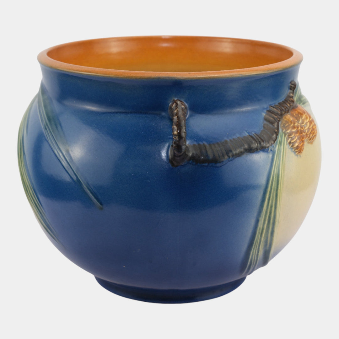 Roseville Pine Cone Blue 1953 Vintage Art Pottery Handled Jardiniere 403-10