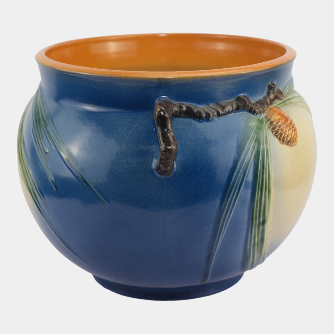 Roseville Pine Cone Blue 1953 Vintage Art Pottery Handled Jardiniere 403-10