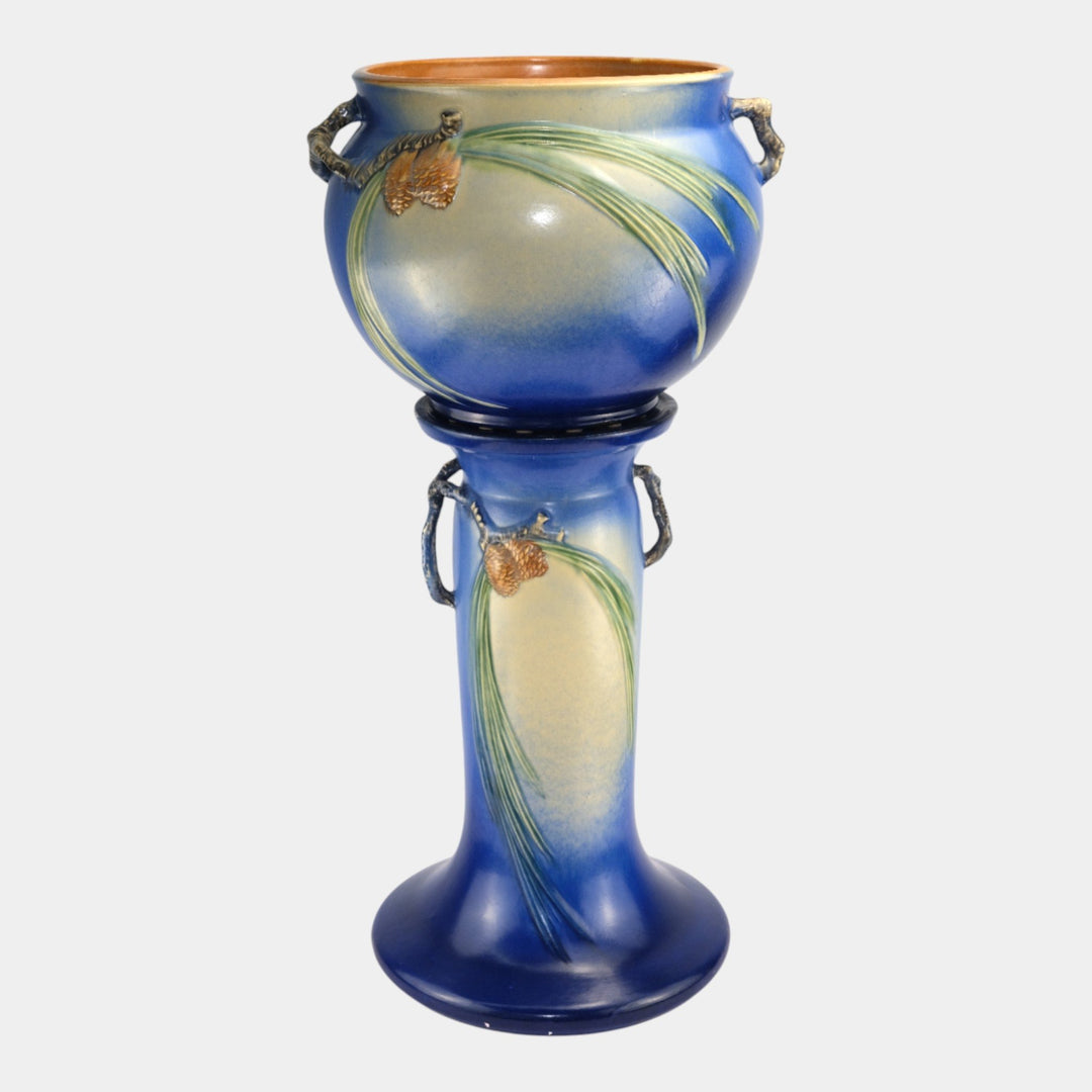 Roseville Pine Cone Blue 1935 Vintage Art Pottery Jardiniere And Pedestal 632-10 - Just Art Pottery