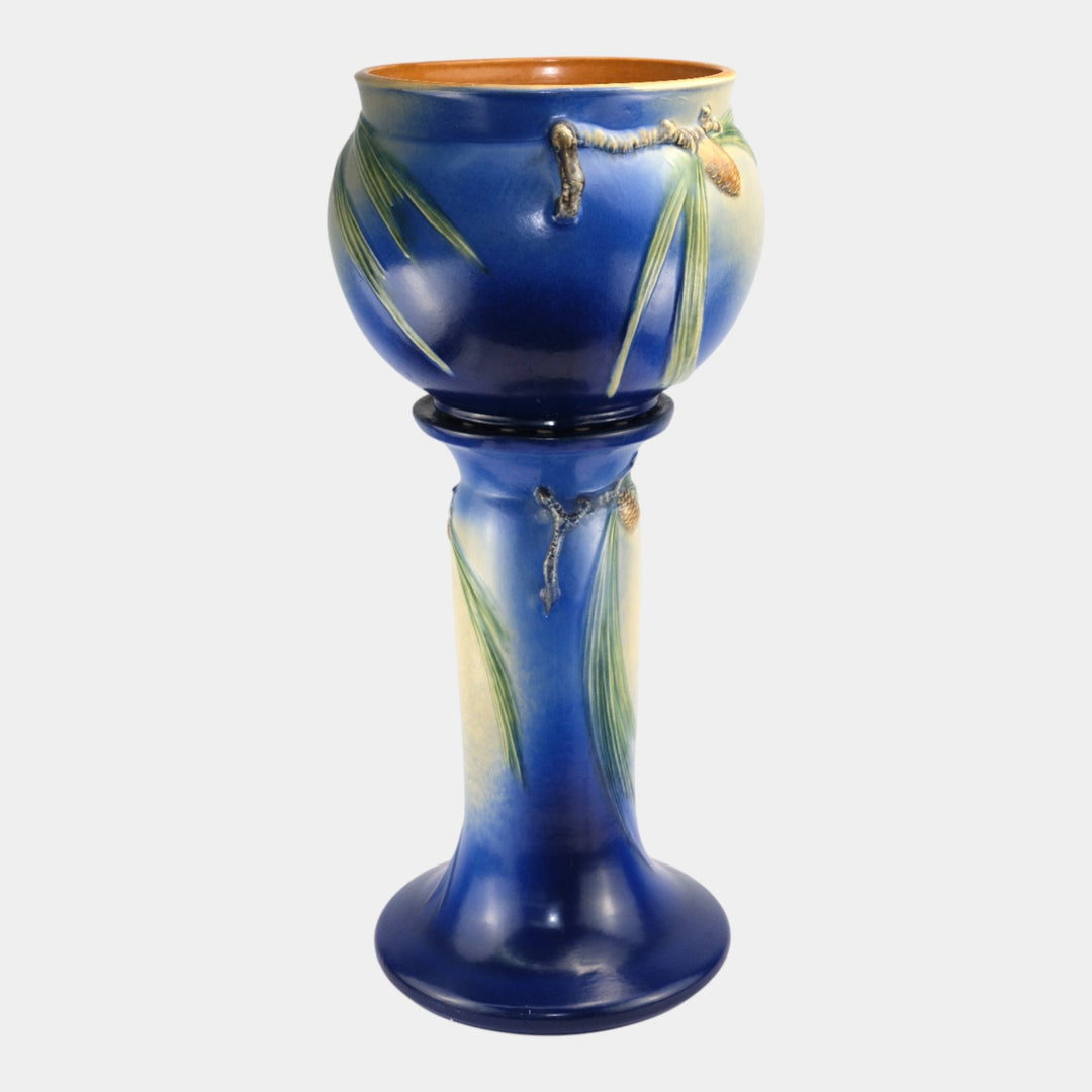 Roseville Pine Cone Blue 1935 Vintage Art Pottery Jardiniere And Pedestal 632-10 - Just Art Pottery