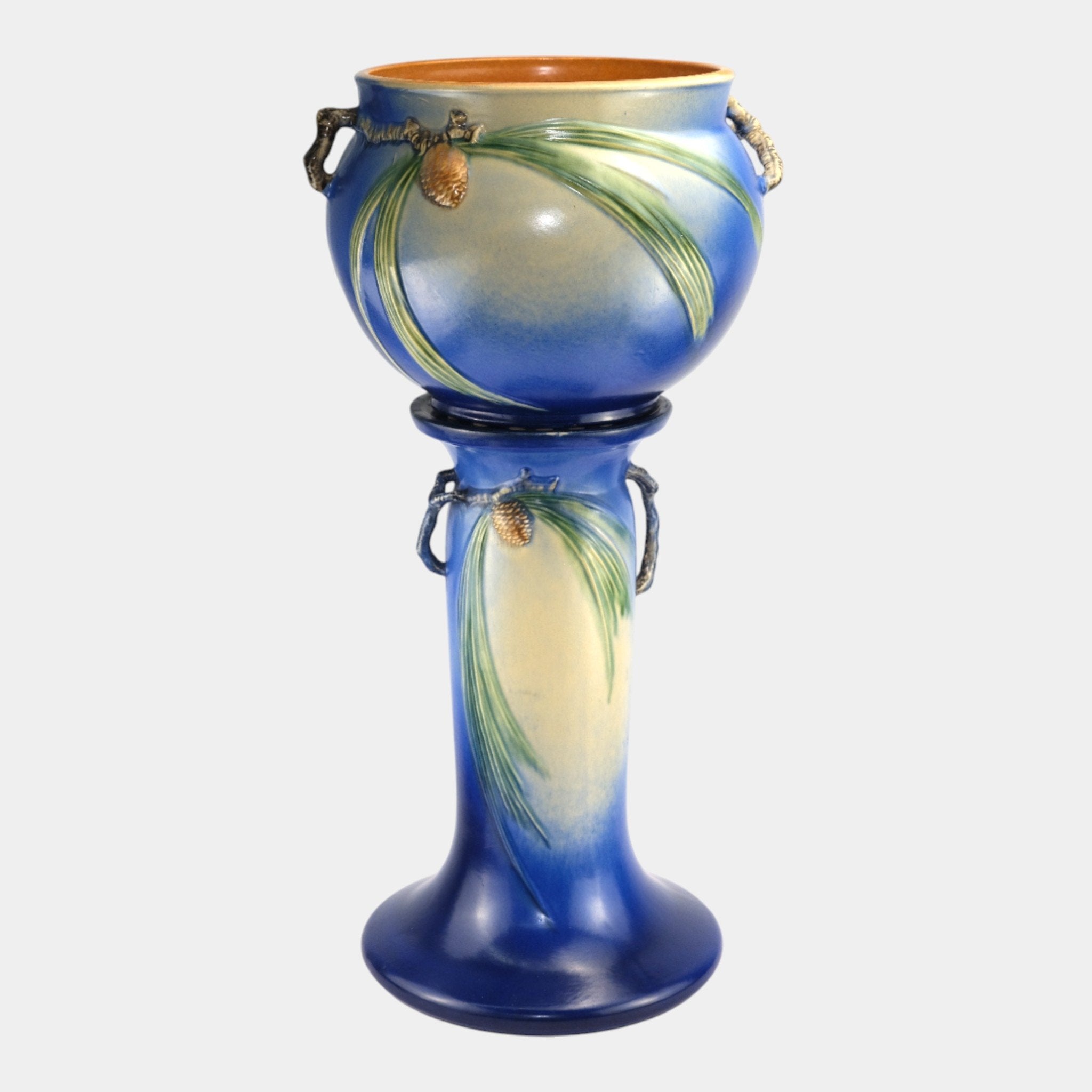 Roseville Pine Cone Blue 1935 Vintage Art Pottery Jardiniere And