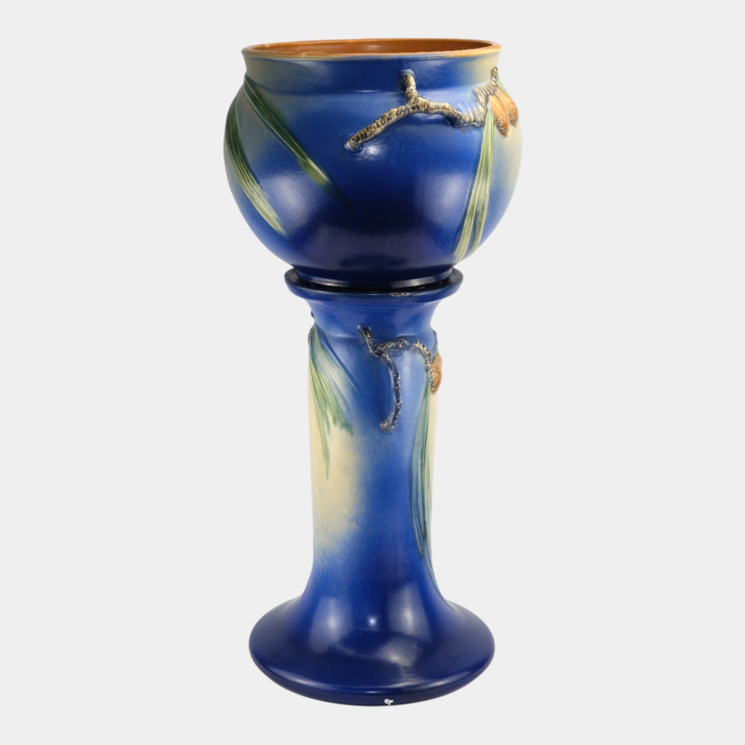 Roseville Pine Cone Blue 1935 Vintage Art Pottery Jardiniere And Pedestal 632-10 - Just Art Pottery