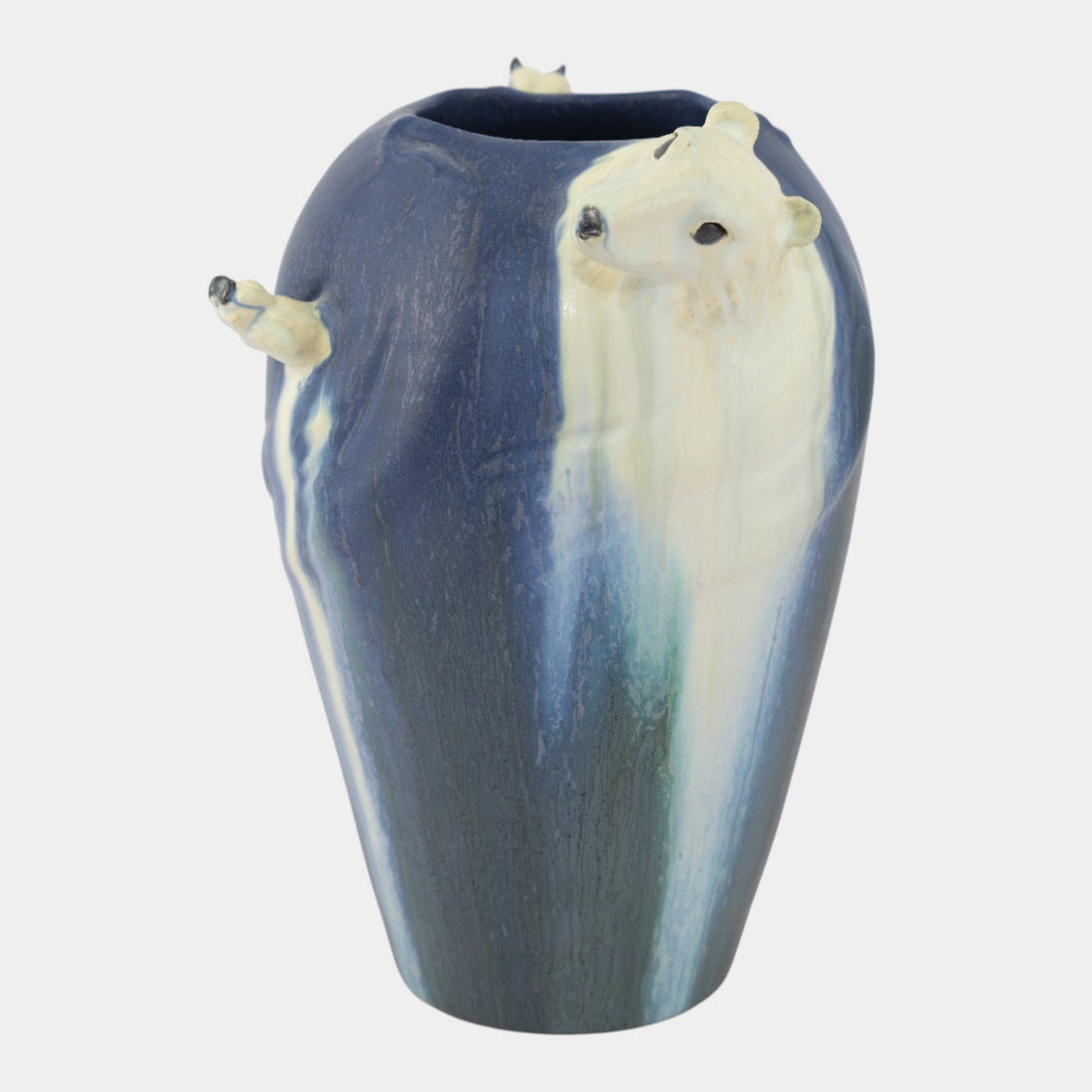 Ephraim Faience 2004 Hand Made Pottery Winter Holiday White Polar Bear Blue Vase - Just Art Pottery