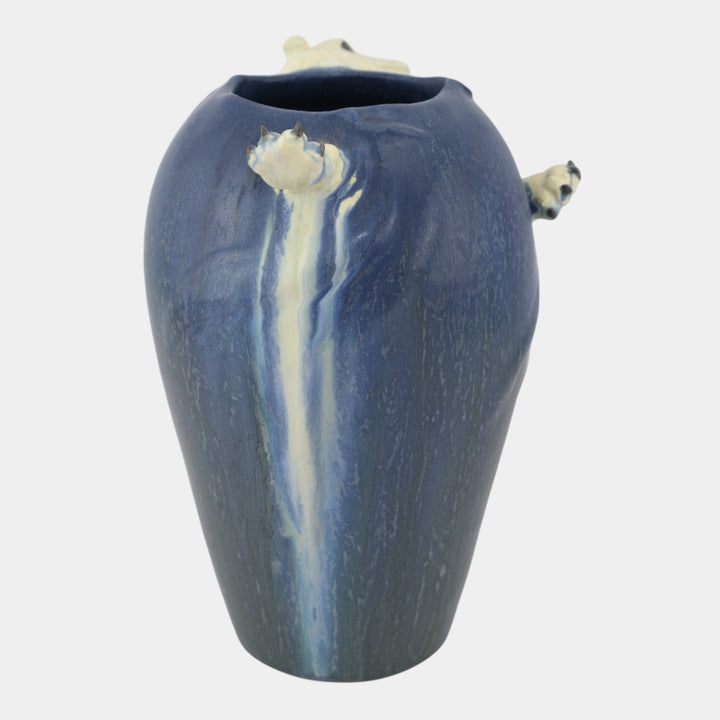 Ephraim Faience 2004 Hand Made Pottery Winter Holiday White Polar Bear Blue Vase - Just Art Pottery