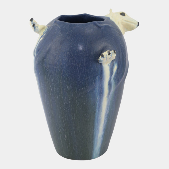 Ephraim Faience 2004 Hand Made Pottery Winter Holiday White Polar Bear Blue Vase - Just Art Pottery