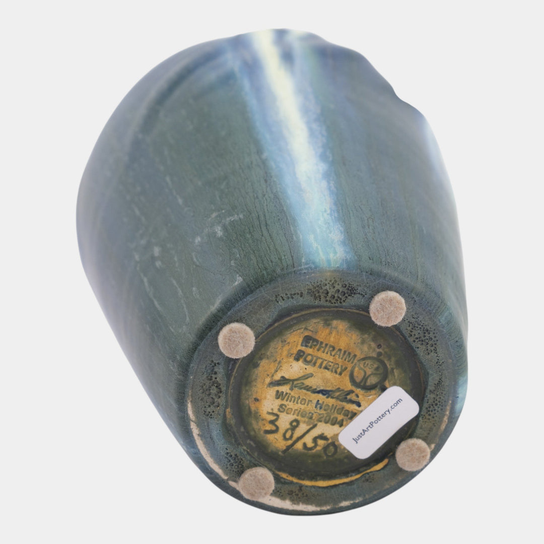 Ephraim Faience 2004 Hand Made Pottery Winter Holiday White Polar Bear Blue Vase - Just Art Pottery