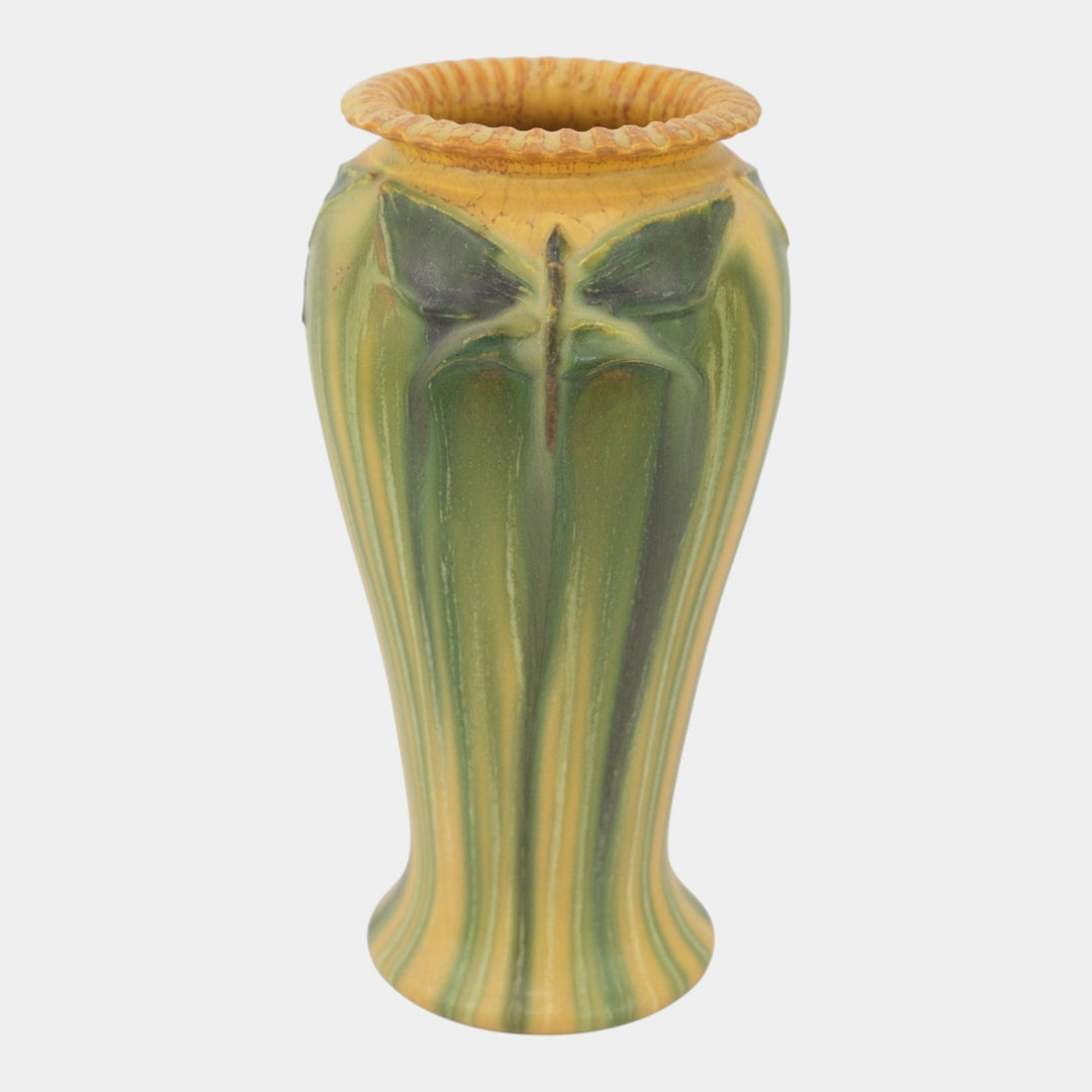 Ephraim Faience Pottery Experimental Green Yellow Beautiful Butterflies Vase A19 - Just Art Pottery