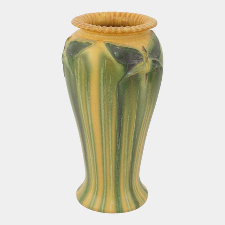 Ephraim Faience Pottery Experimental Green Yellow Beautiful Butterflies Vase A19 - Just Art Pottery