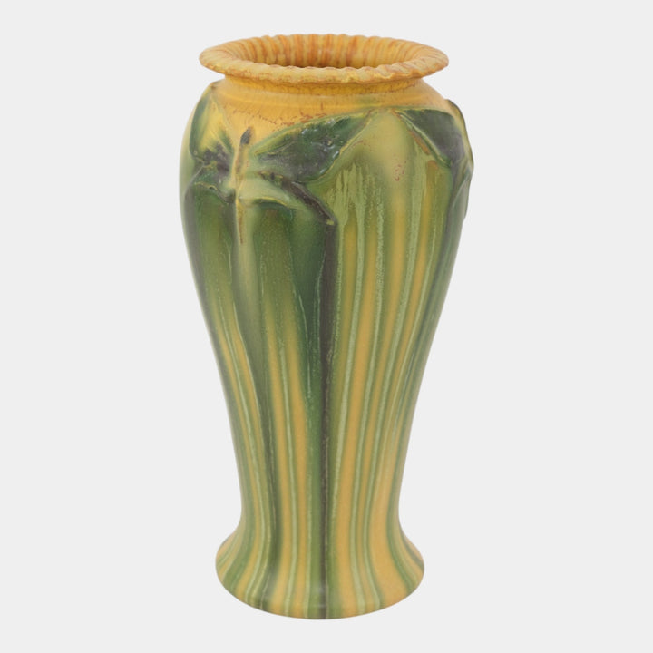 Ephraim Faience Pottery Experimental Green Yellow Beautiful Butterflies Vase A19 - Just Art Pottery