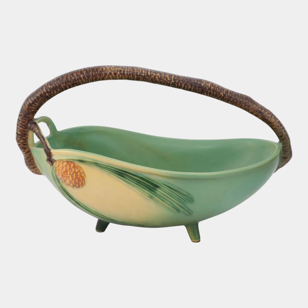 Roseville Pine Cone Green 1930s Vintage Art Pottery Three Footed Ceramic 411-10 - Just Art Pottery