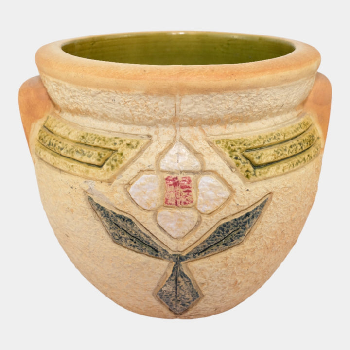 Roseville Mostique Tan 1916 Vintage Art Pottery Jardiniere For Pedestal 622-8 - Just Art Pottery