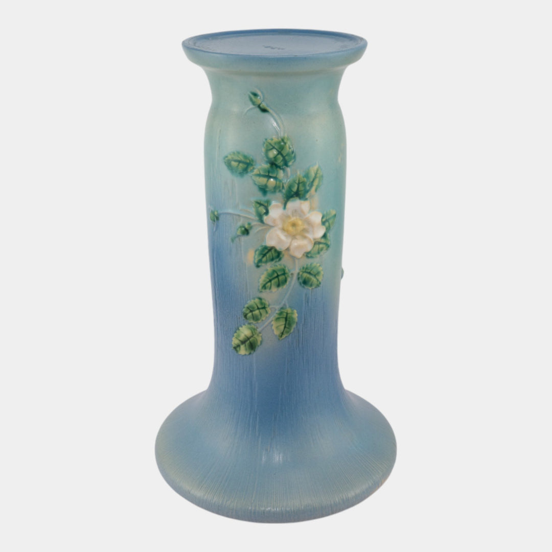 Roseville White Rose Blue 1940 Vintage Art Pottery Ceramic Pedestal 653-8 - Just Art Pottery