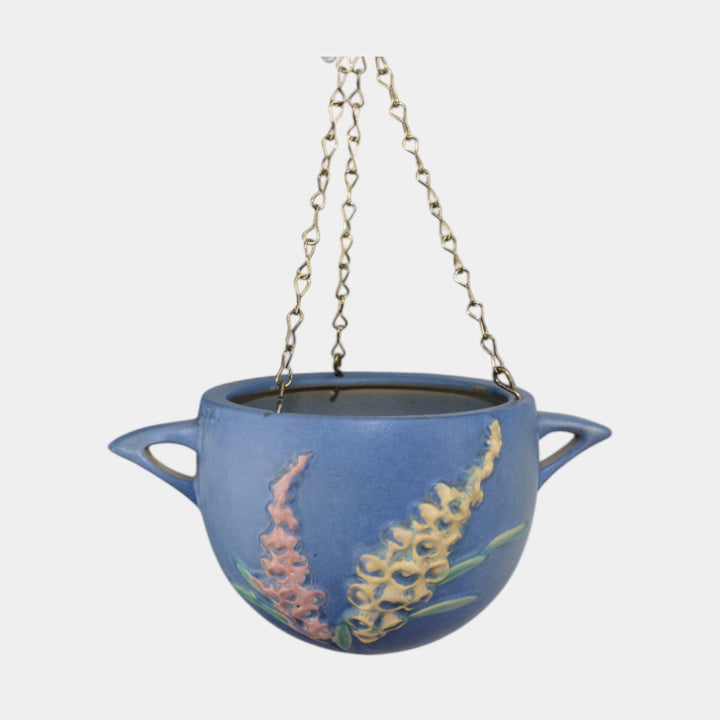 Roseville Foxglove 1942 Art Deco Pottery Blue Hanging Basket Planter 466-5 - Just Art Pottery